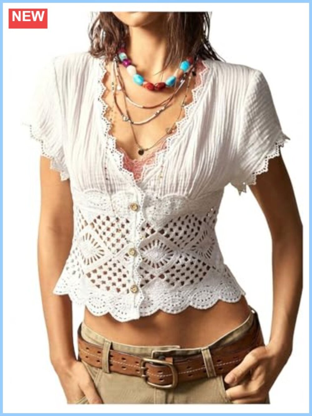 Boho Lace Blouse Hollow Out Button Front V Neck Short Sleeve Vacation Top